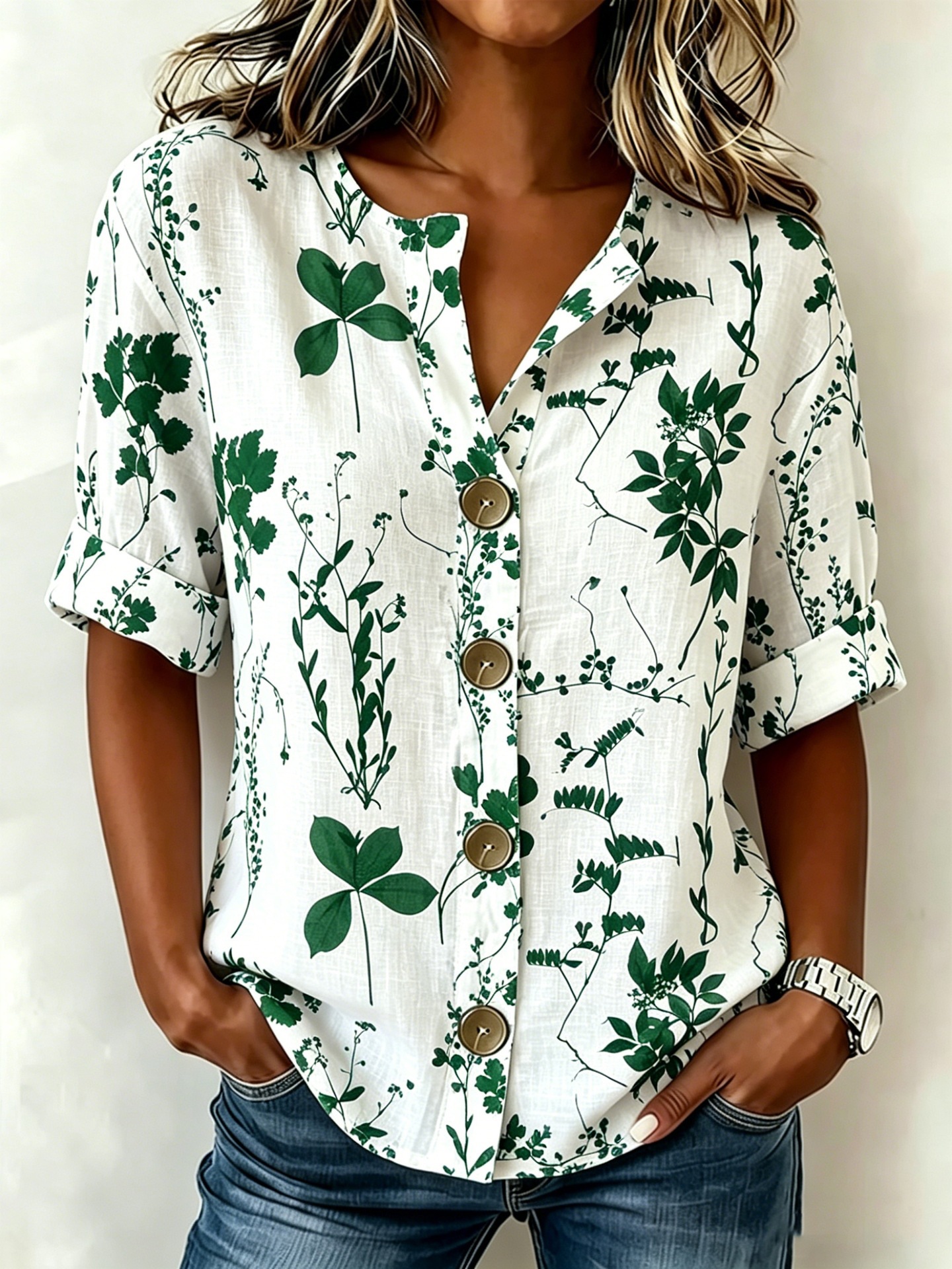 Women's Summer Floral Leaf Print Half-Sleeve Button-Down Shirt