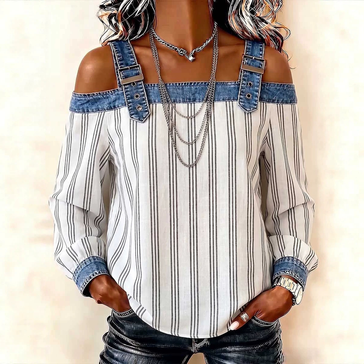 Women's Off-Shoulder Long-Sleeve Top with Shoulder Straps