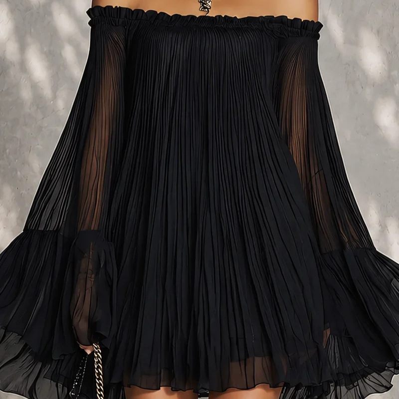 Black Off-Shoulder Pleated Chiffon Mini Dress with Sheer Ruffle Sleeves