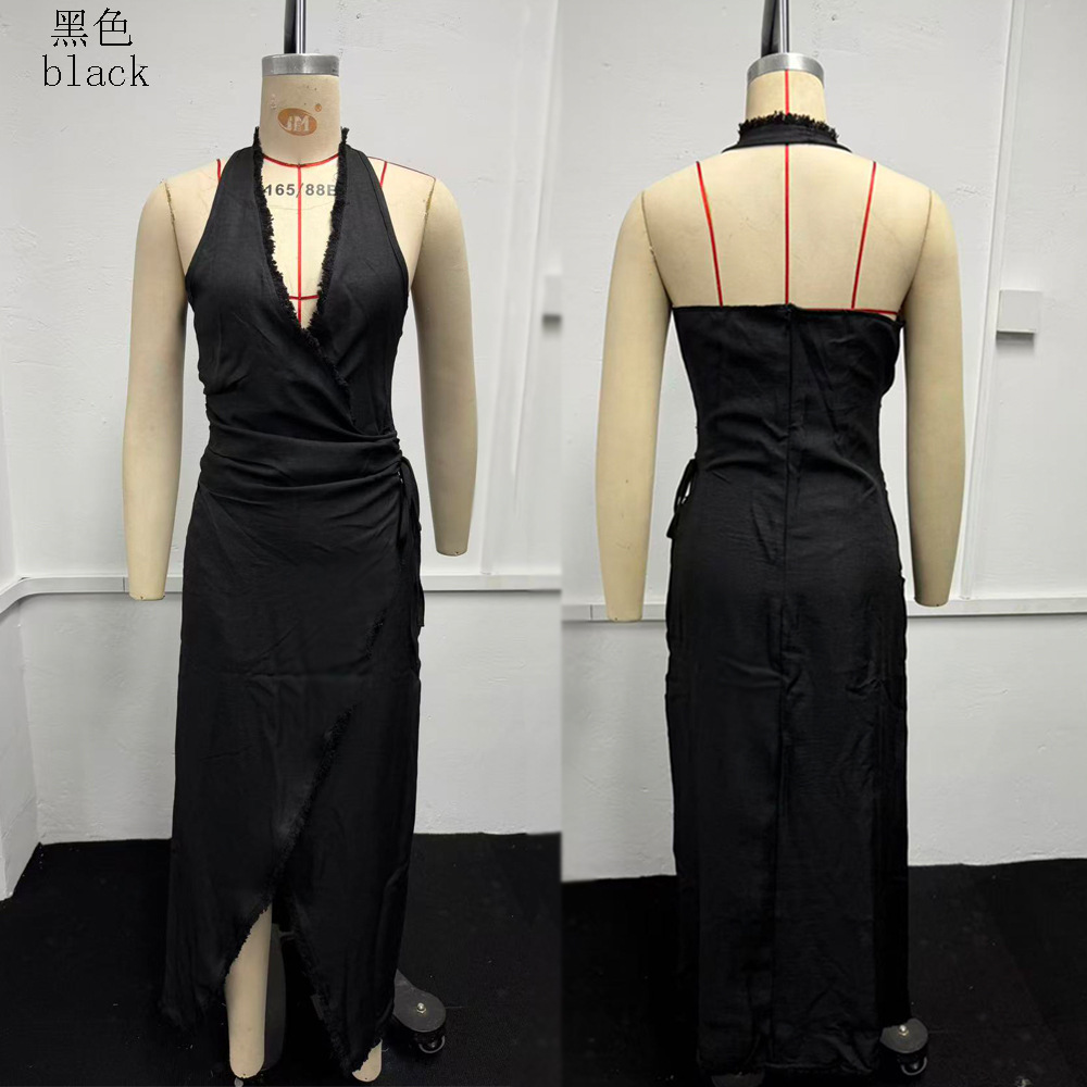 Women's Deep V Halter Cross Back Bohemian Midi Dress
