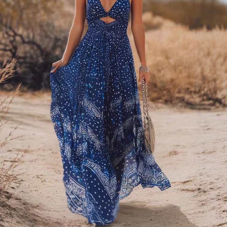 Bohemian V-Neck Floral Chiffon Maxi Dress in Deep Blue