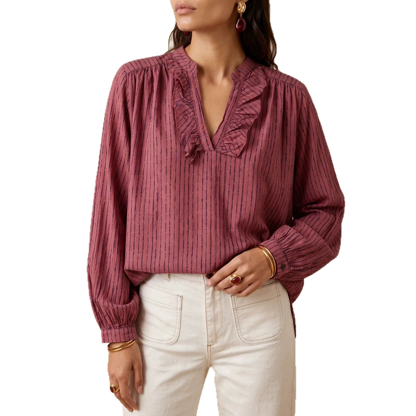 Ruffle V-Neck Long Sleeve Striped Women's Shirt