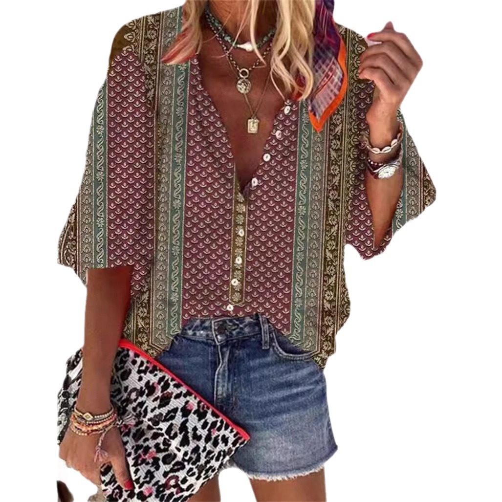 Women's Retro Print Button-Up Shirt with Stand Collar Loose Fit