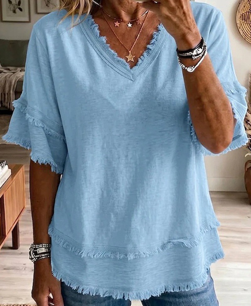 Women's Loose V-Neck Short Sleeve Frayed Trim Patchwork Top