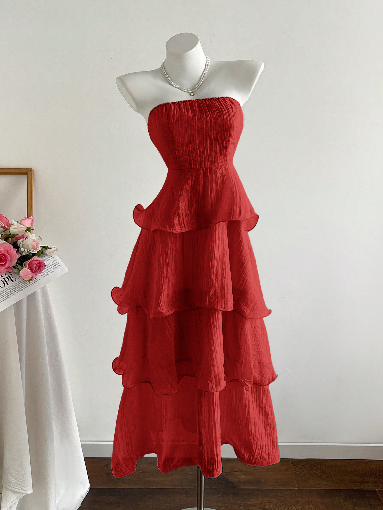 Women's Strapless Ruffle Tiered Midi Dress Solid Color Slimming