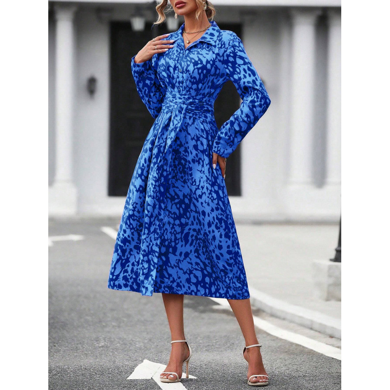 Printed Faux Suede Long Shirt Dress with Polo Collar