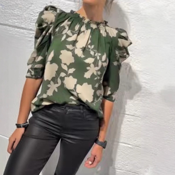 Women's Floral Print Ruffle Blouse with Round Neck and Puff Sleeves