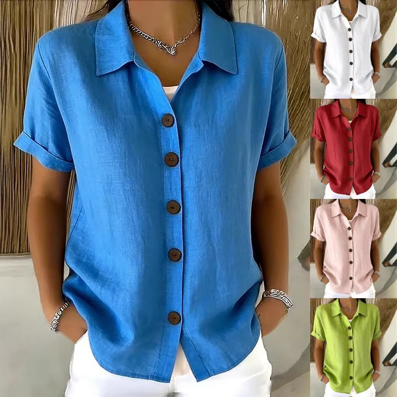Women's Cotton-Linen Button-Front Short-Sleeve Shirt Casual Comfortable