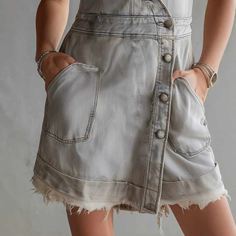 Gray Denim Raw Edge Wrap Mini Skirt