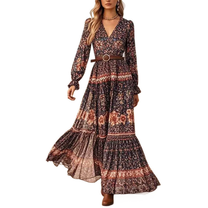 Women's Long Sleeve V-Neck Floral Print Maxi Dress with Lantern Sleeves