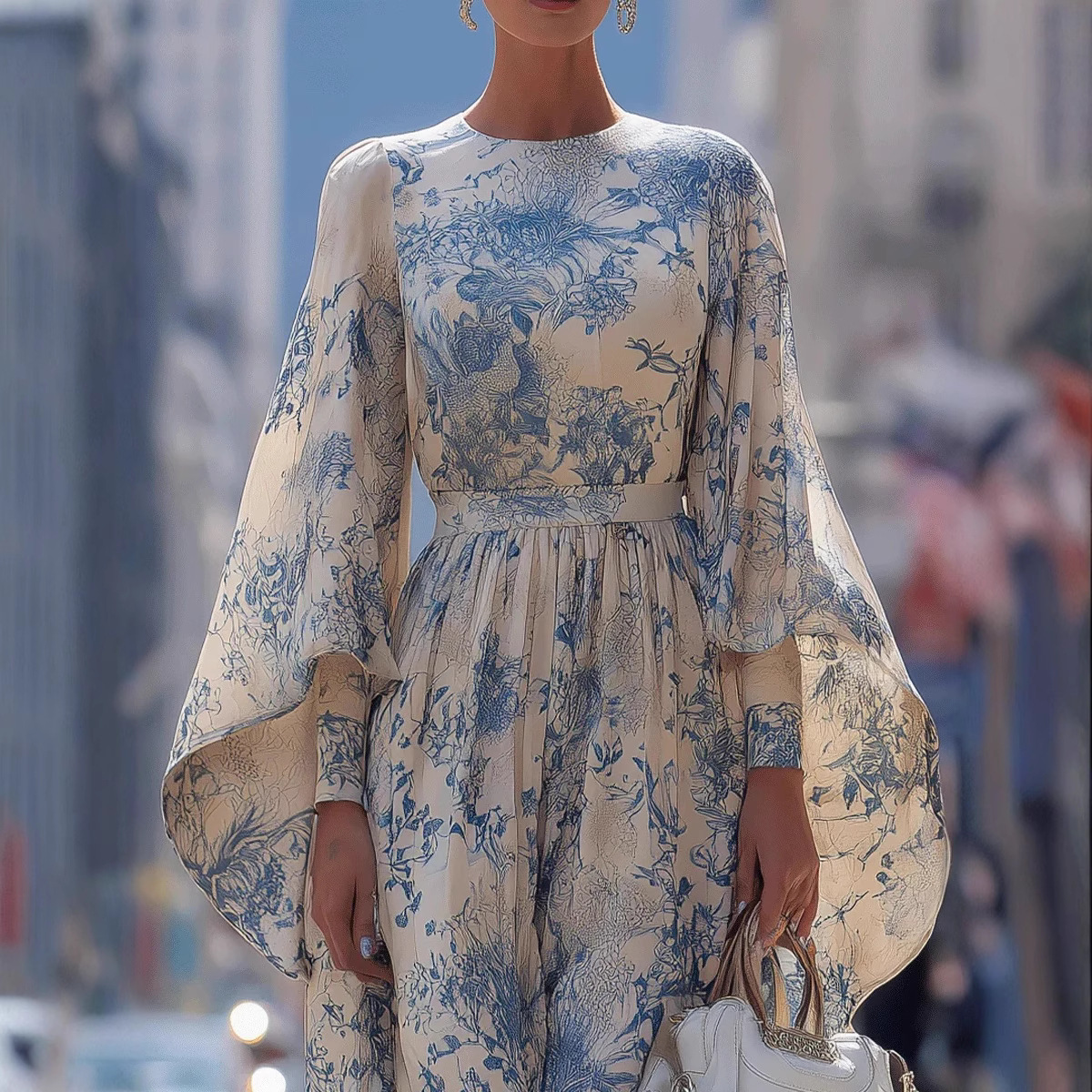 Digital Print French High-Waist Slimming Long Sleeve Flare Dress