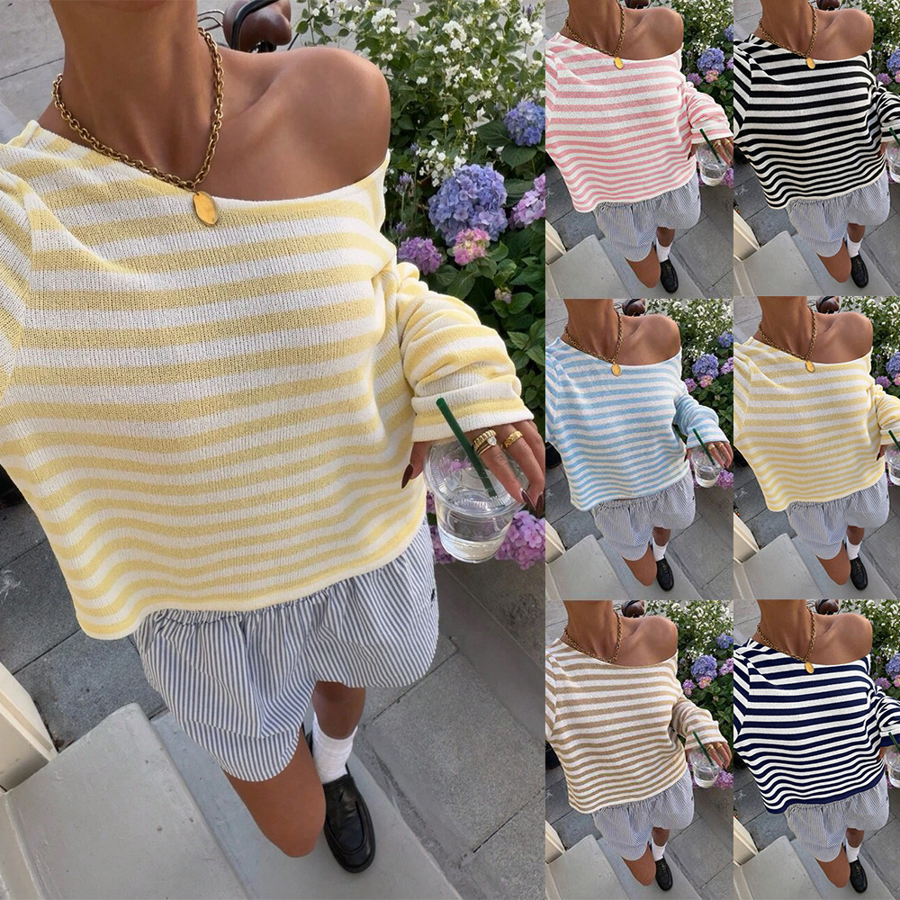 Striped Knit Long-Sleeve Loose Fit T-Shirt