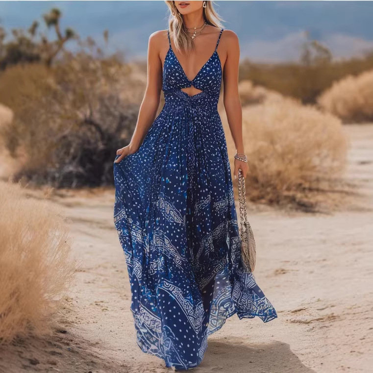 Bohemian V-Neck Floral Chiffon Maxi Dress in Deep Blue