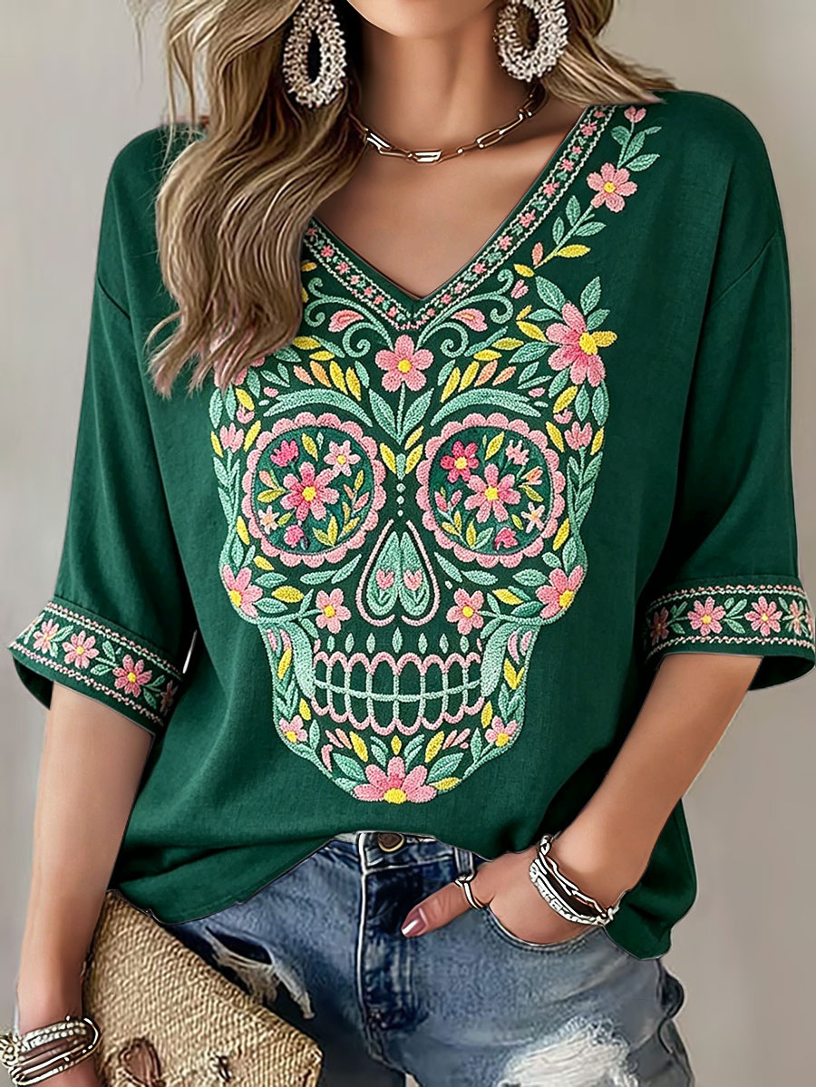 Women's Drop Shoulder V-Neck 3D Print Seven-Sleeve Top