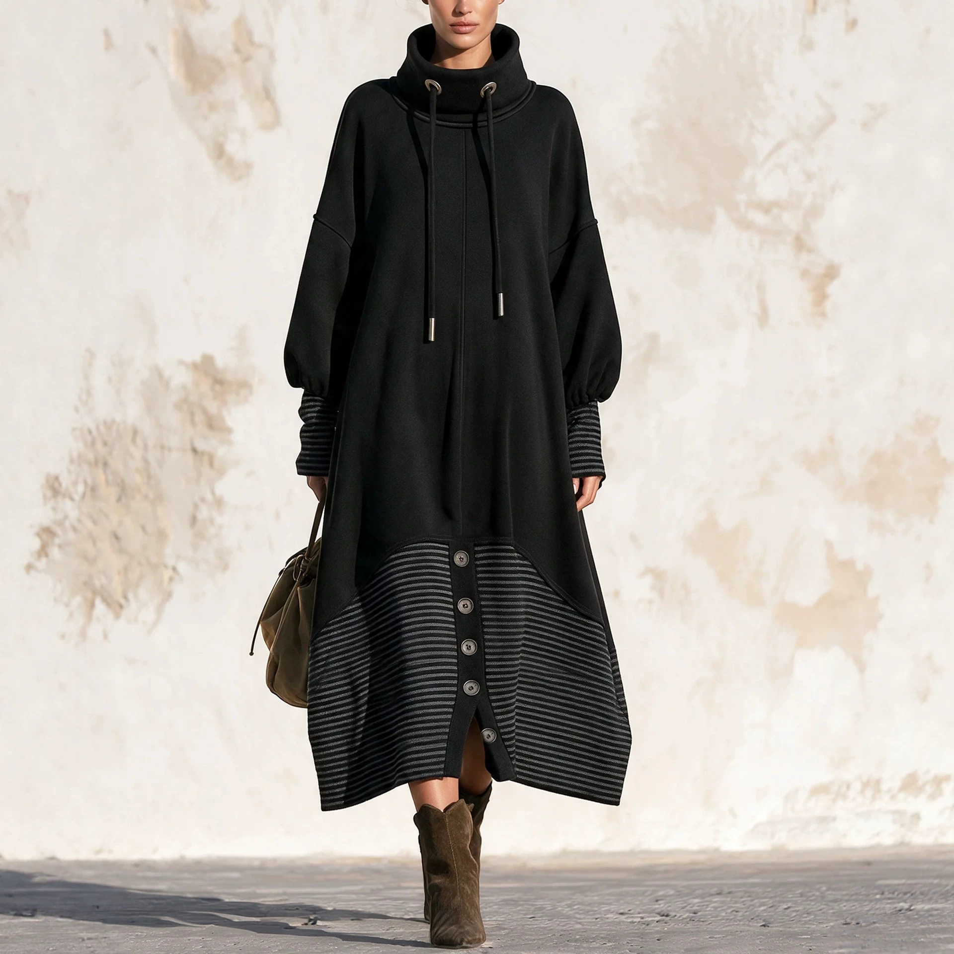 High Neck Drawstring Striped Sweatshirt Maxi Dress Puff Sleeve Button Slit