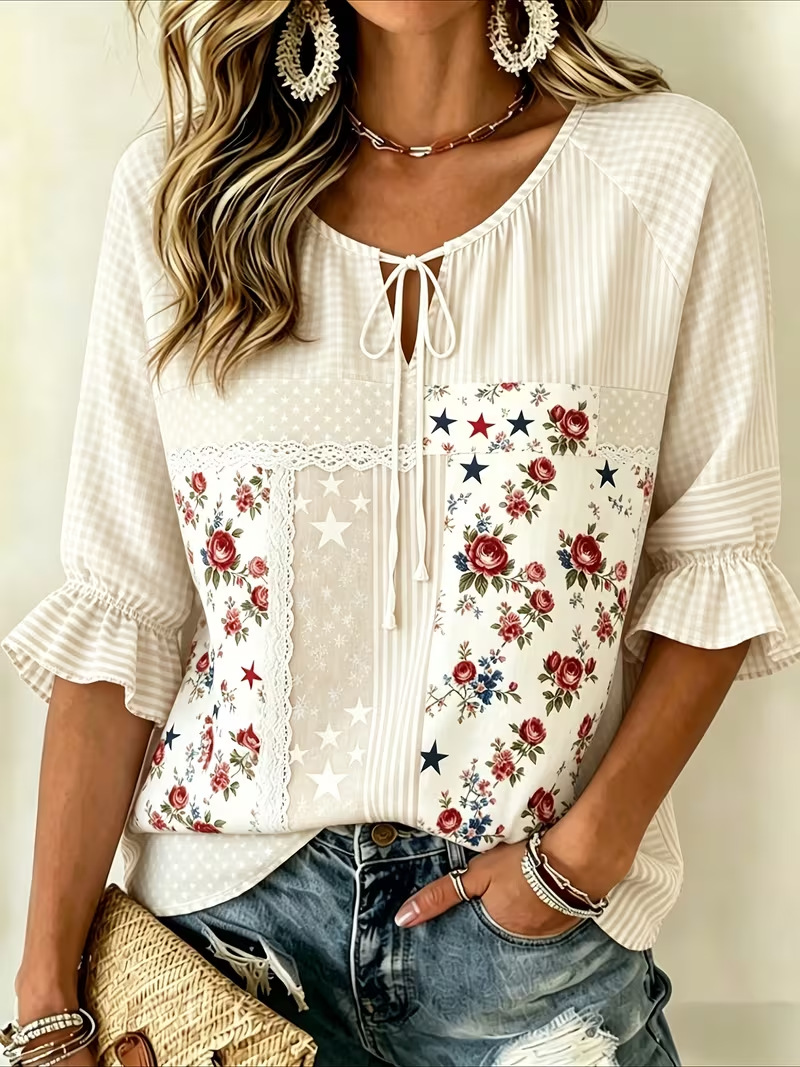 Women's Floral Print Rolled Sleeve Tie-Front Blouse