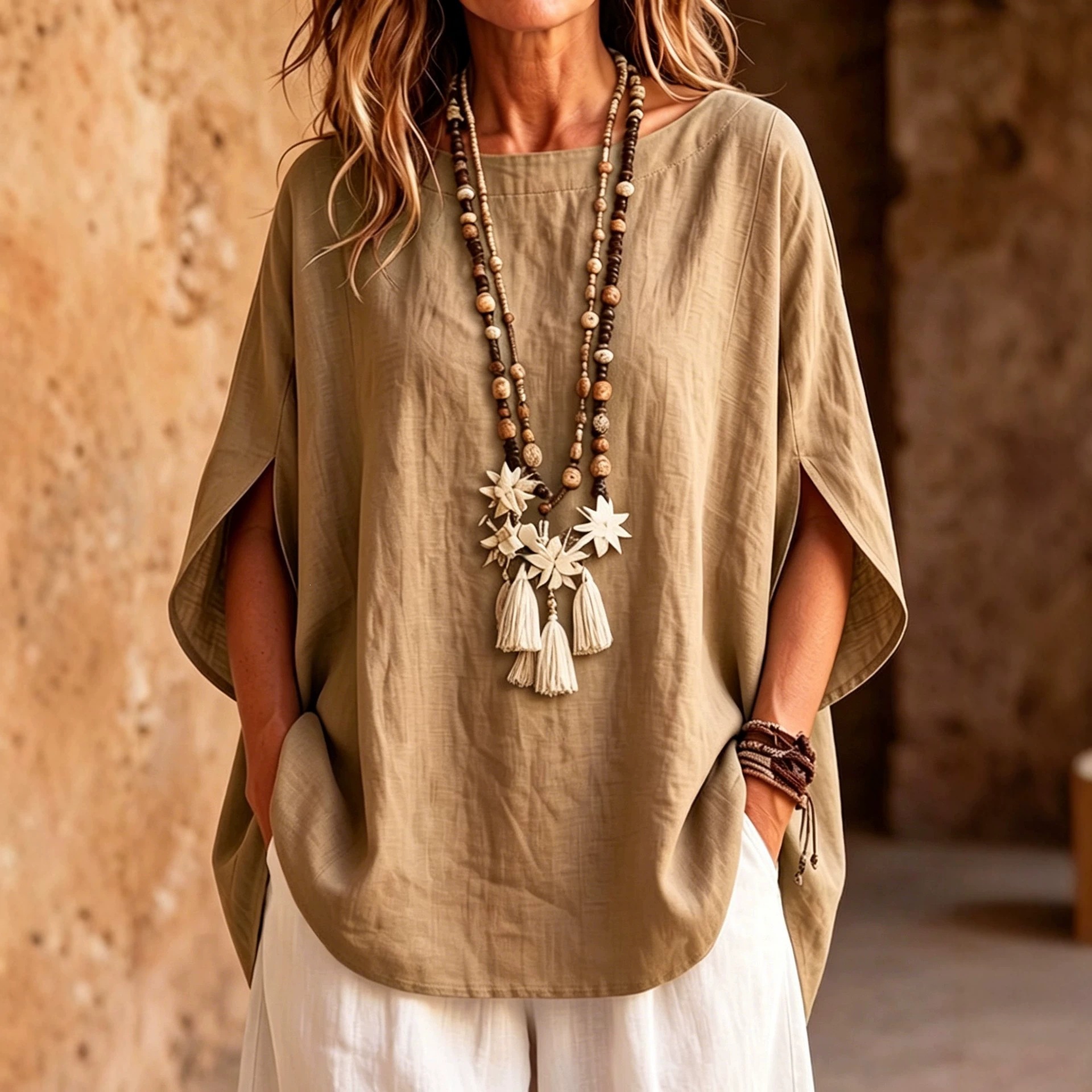 Women's Summer Asymmetrical Solid Crewneck Loose Blouse