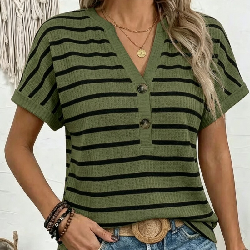 Women's Loose V-Neck Striped Waffle Knit Short Sleeve T-Shirt Casual Top