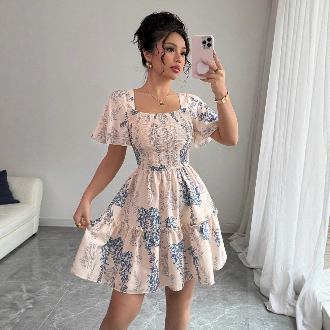 Women's Short Sleeve Boho Floral Off-Shoulder Adjustable Dress