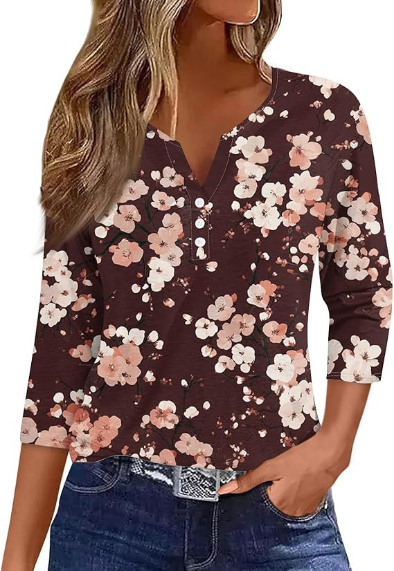 Women's V-Neck Button Print Midi Sleeve Loose Casual T-Shirt