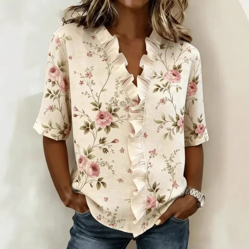 Women's Lace Print Short Sleeve Blouse