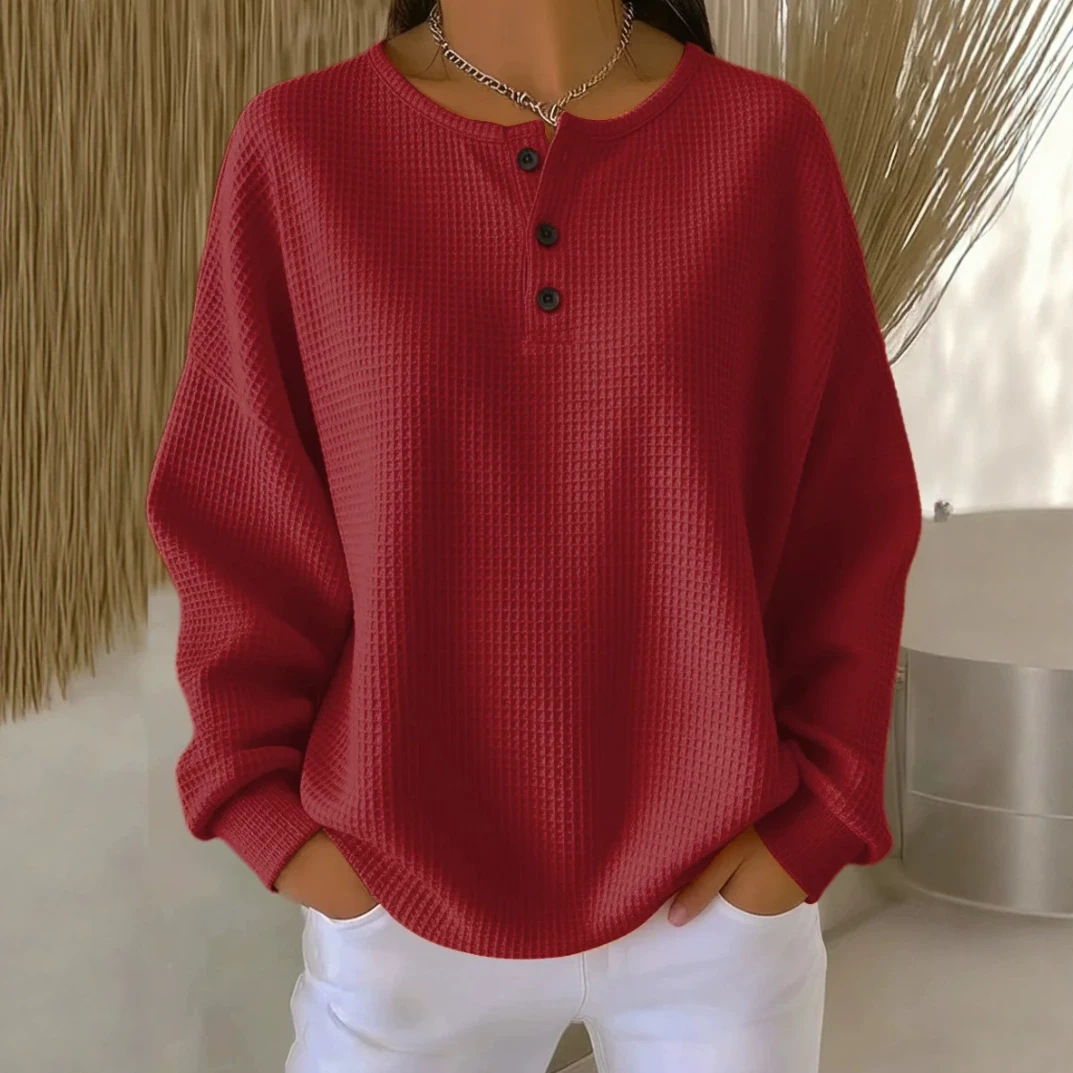 Waffle Knit Crewneck Pullover Loose Fit Solid Color Top