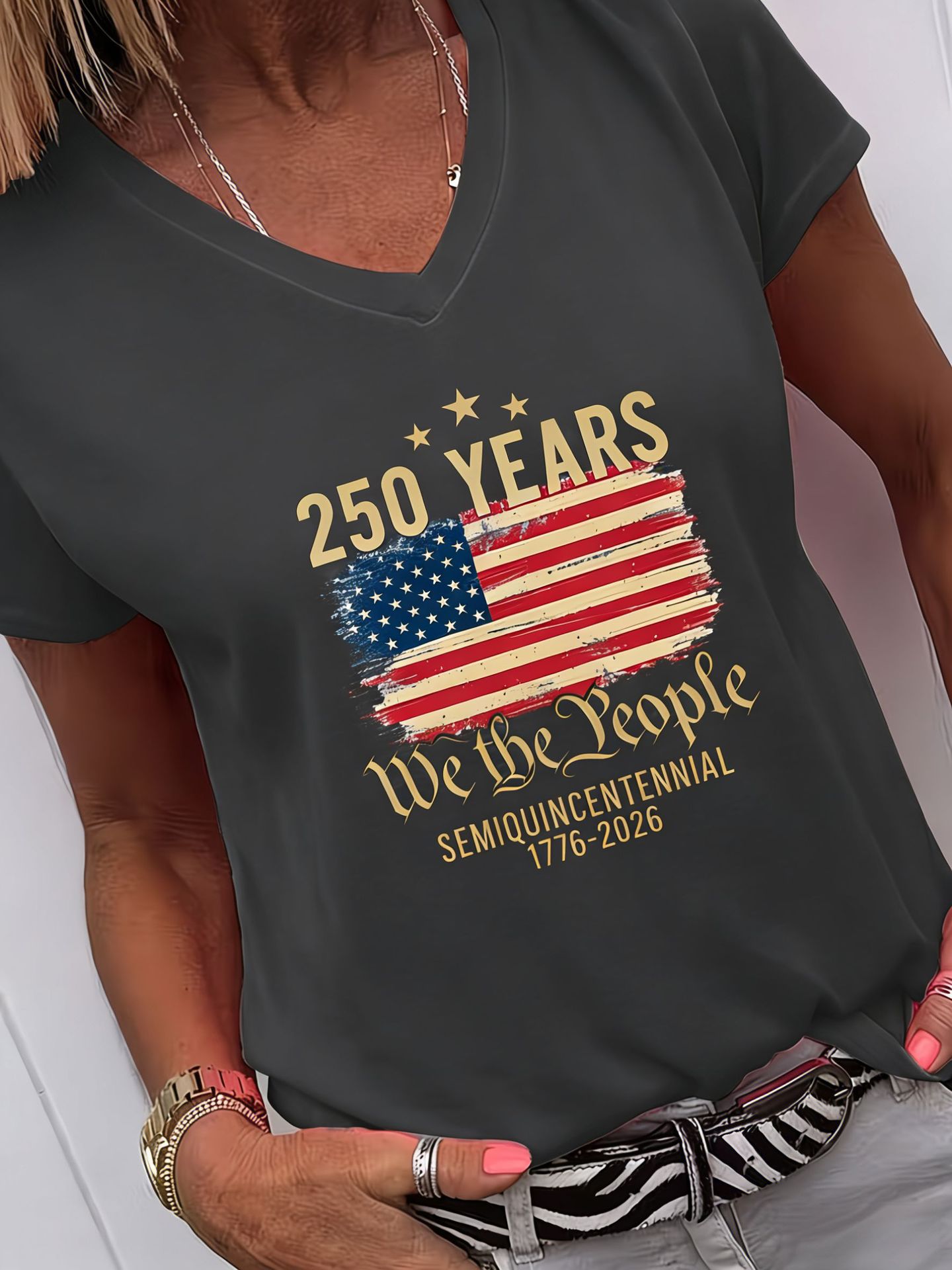 V-Neck 250th Anniversary American Flag Print T-Shirt