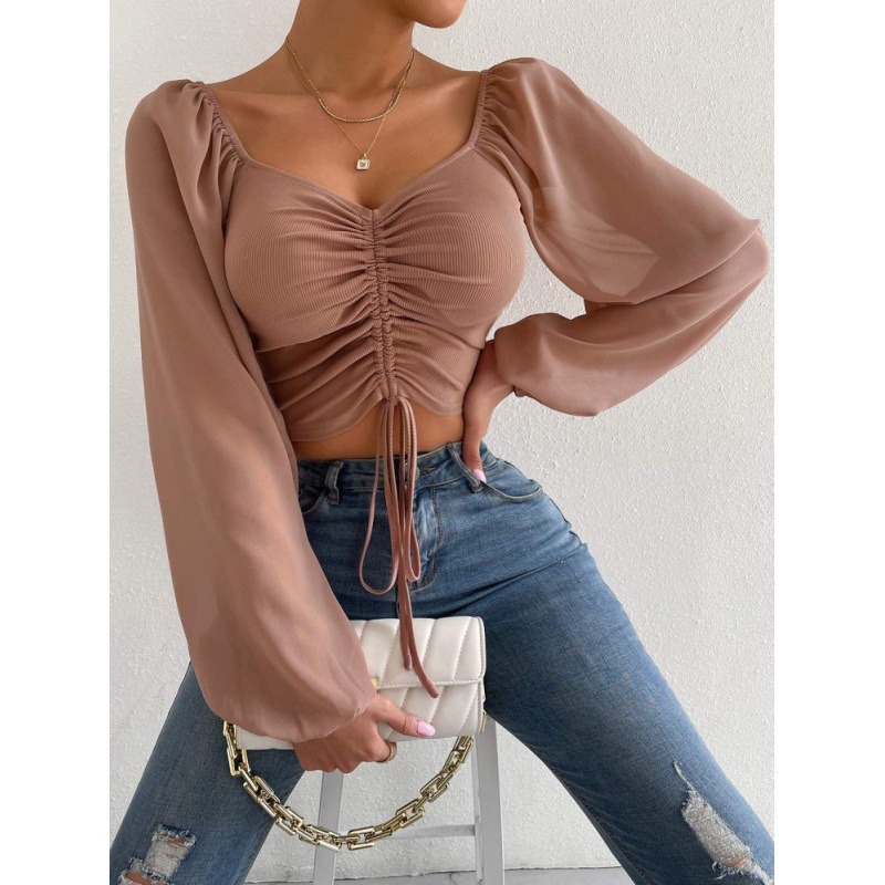 Women's 2024 Low-Cut Sexy V-Neck Spliced Chiffon Drawstring Lantern Sleeve Slimming Top