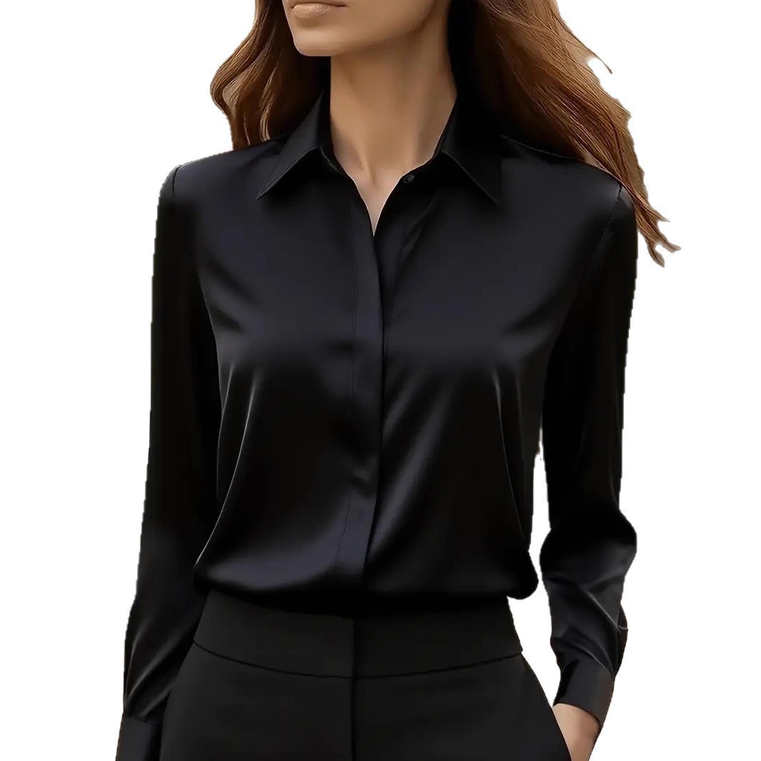 Solid Satin Long Sleeve Button-Up Shirt with Collar