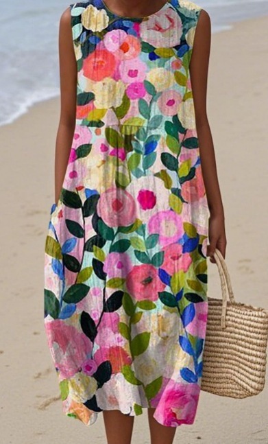 Sleeveless Printed Midi Dress Slim Fit Casual