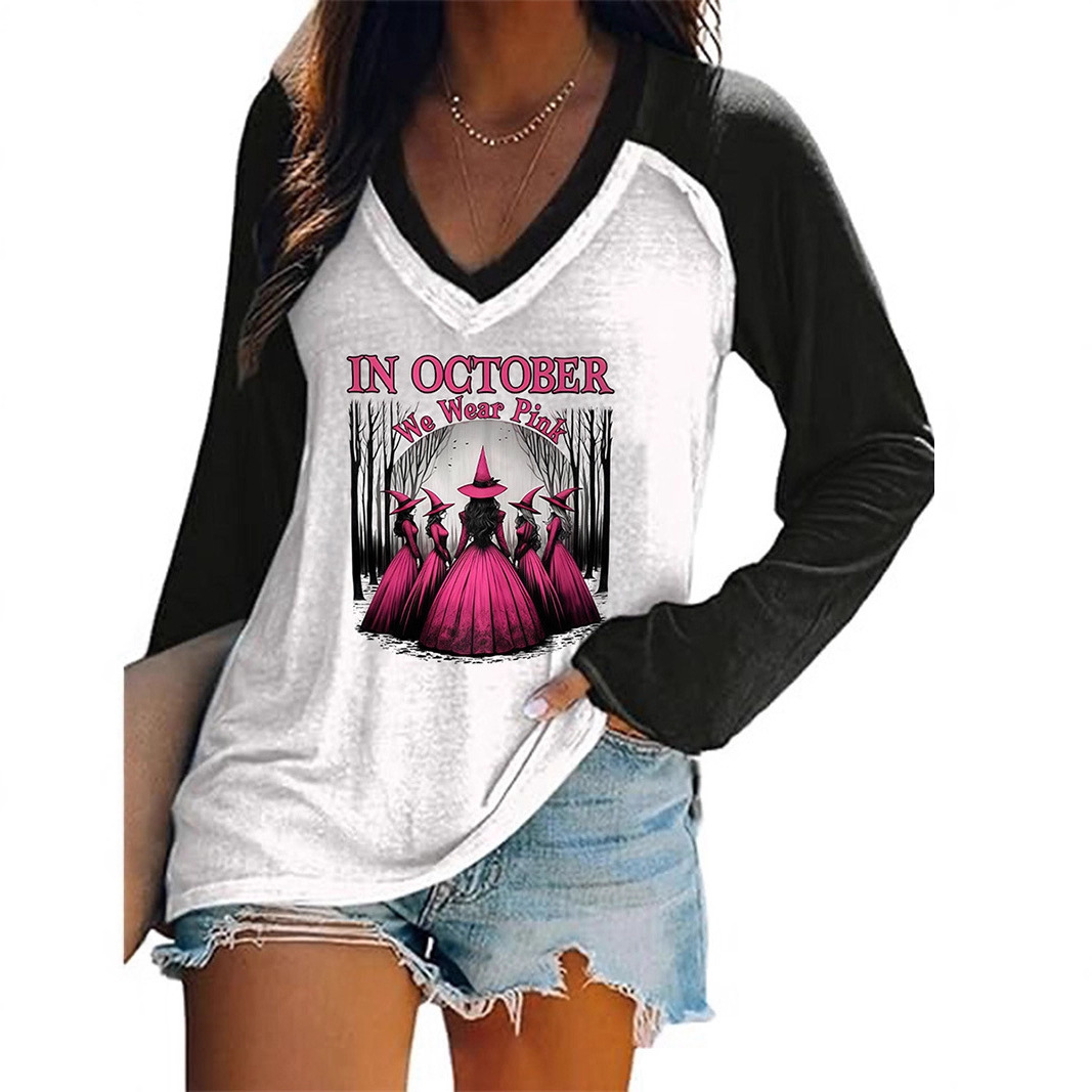Women's Halloween Witch Hat Print V-Neck Long Sleeve T-Shirt