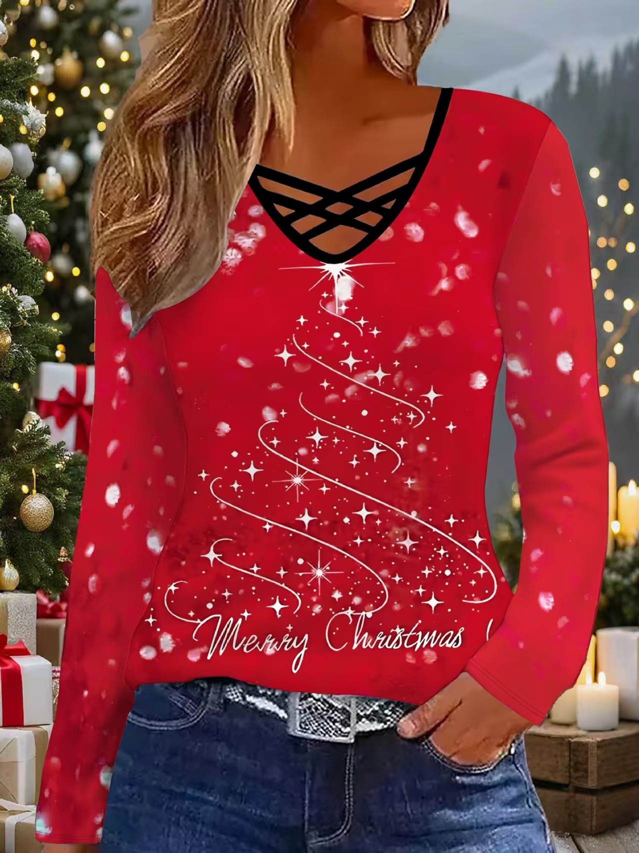 Women's V-Neck 3D Print Long-Sleeve T-Shirt