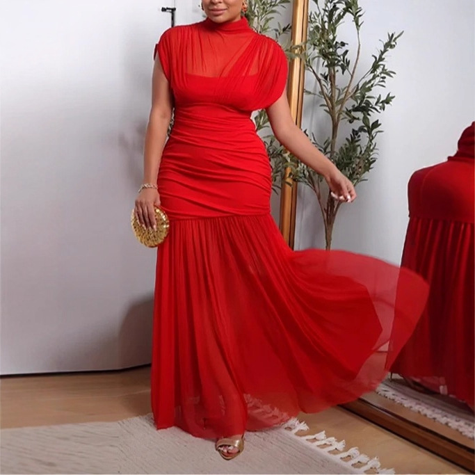 Sleeveless Ruched Panel Bodycon Sheer Dress