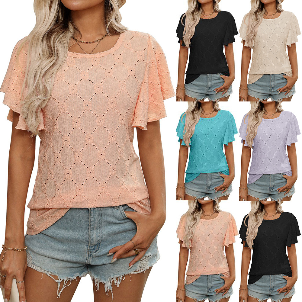 Women's Floral Hollow-Out Ruffle-Sleeve Knit Top