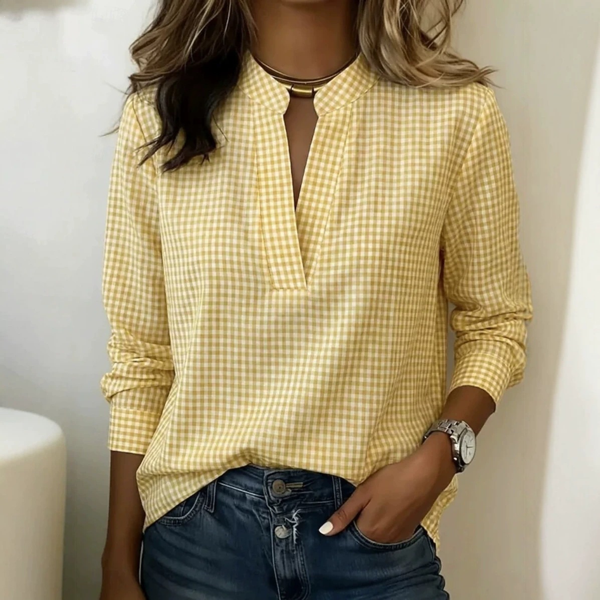 Plaid V-Neck Long Sleeve Loose Fit Blouse