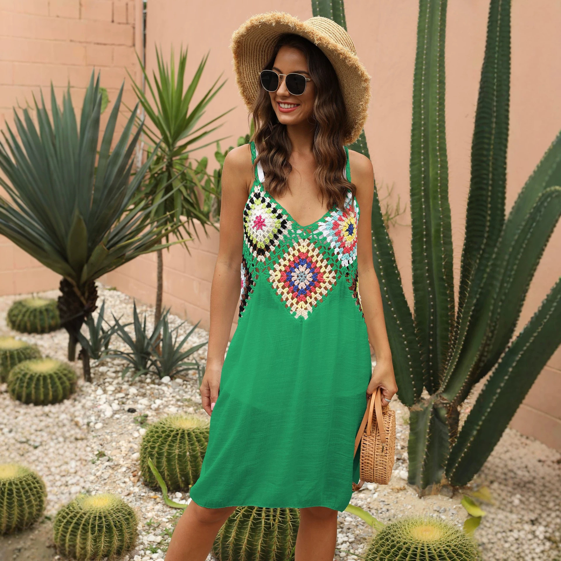 Women's Hand-Crochet Spliced Hollow-Out Cami Dress