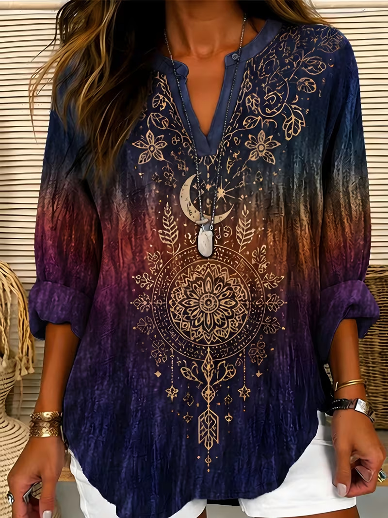 Sun Moon Butterfly Dragonfly Print V-Neck Long Sleeve Women's T-Shirt