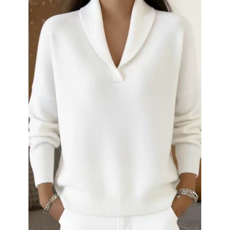 V-Neck Long Sleeve Knit Pullover Loose Solid Color Top