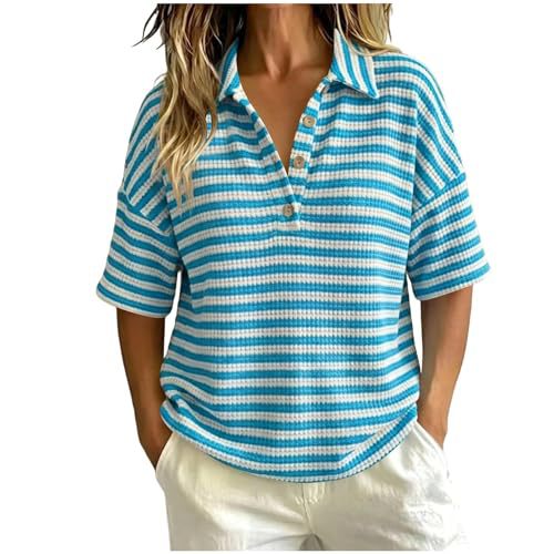 Women's Striped Print Mid-Sleeve Shirt Casual V-Neck Top