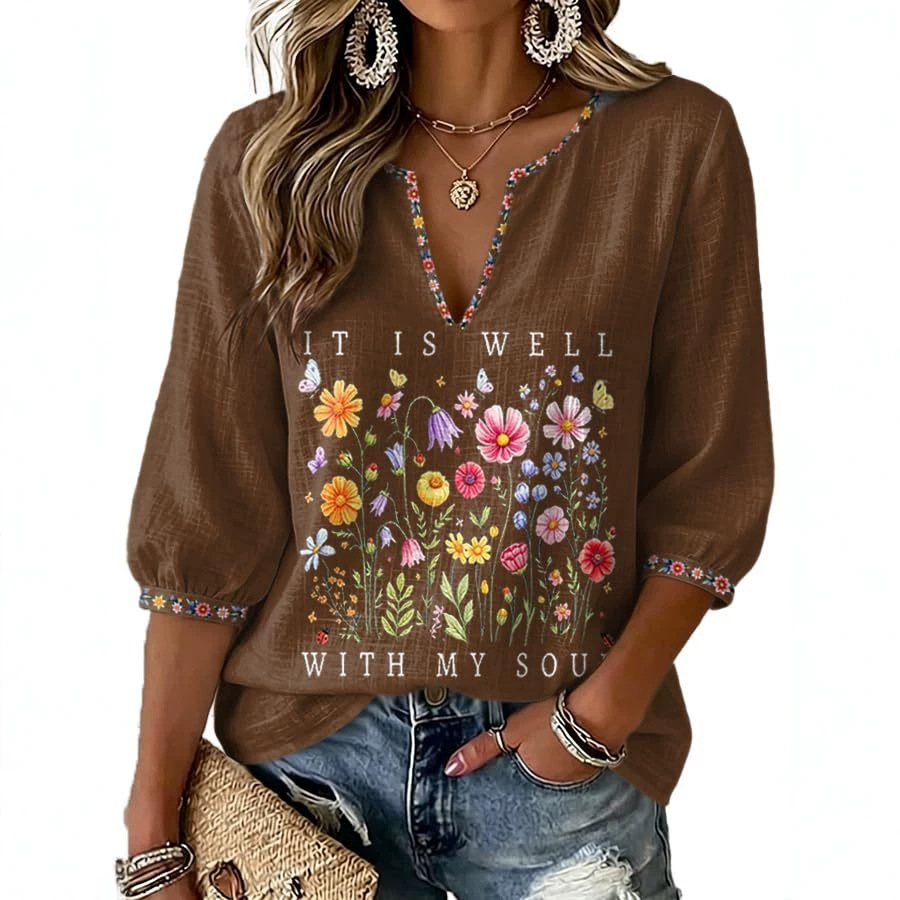 Women's Vintage Floral Print V-Neck Half-Sleeve Casual Shirt