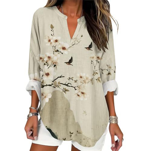 Bamboo & Tree Print V-Neck Long-Sleeve Women's T-Shirt