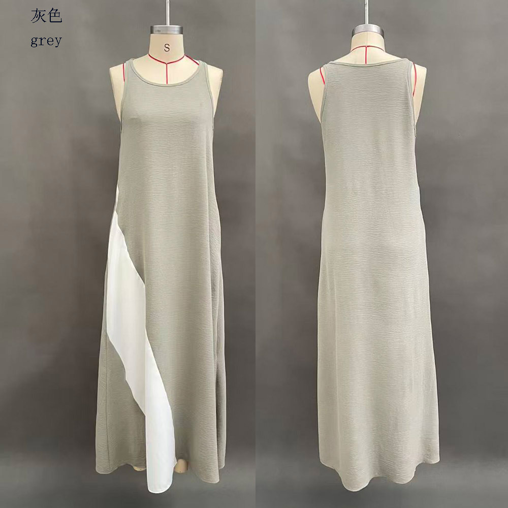 Women's Sleeveless Off-Shoulder Loose Colorblock Dress with Pockets