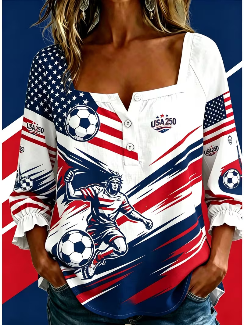 Women's Summer Football Print Long Sleeve Button-Up Shirt