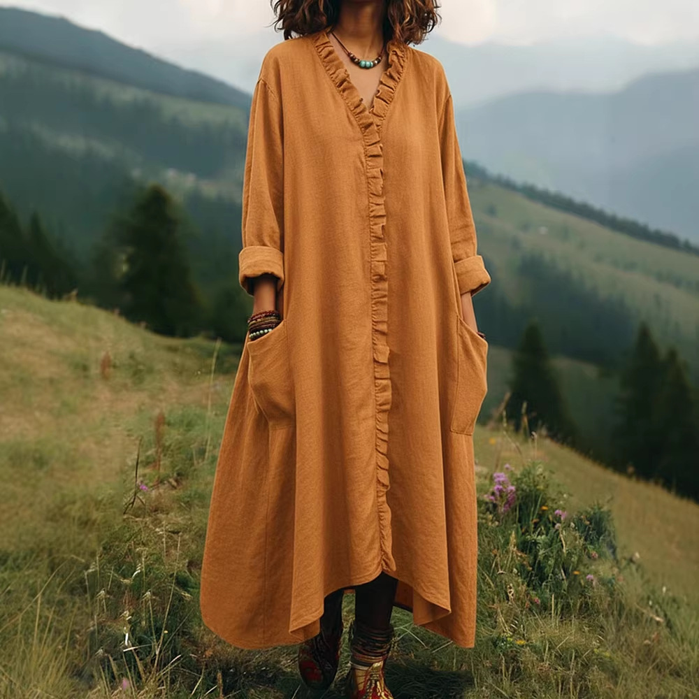 Women's Loose Cotton-Linen Blend V-Neck Long Sleeve Maxi Dress