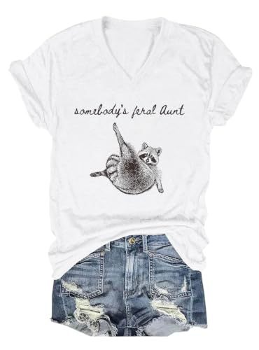 Raccoon Letter Print V-Neck Short Sleeve Women's T-Shirt