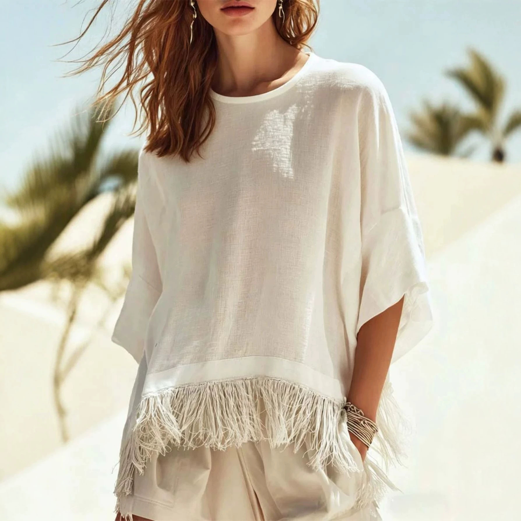 Women's Casual Crewneck Fringe T-Shirt Short Sleeve
