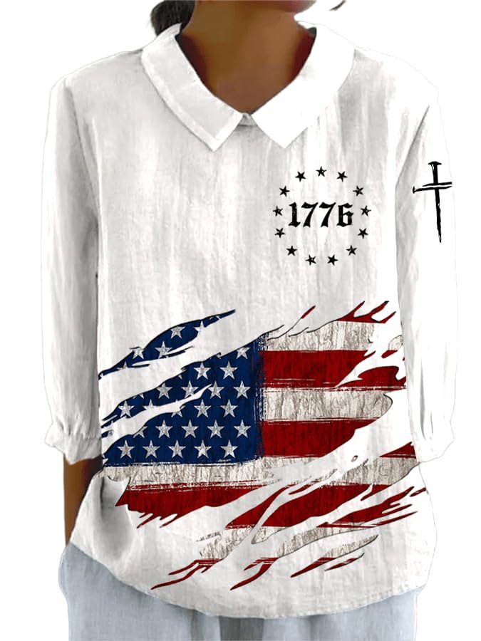 Women's American Flag Print Long Sleeve Casual Shirt