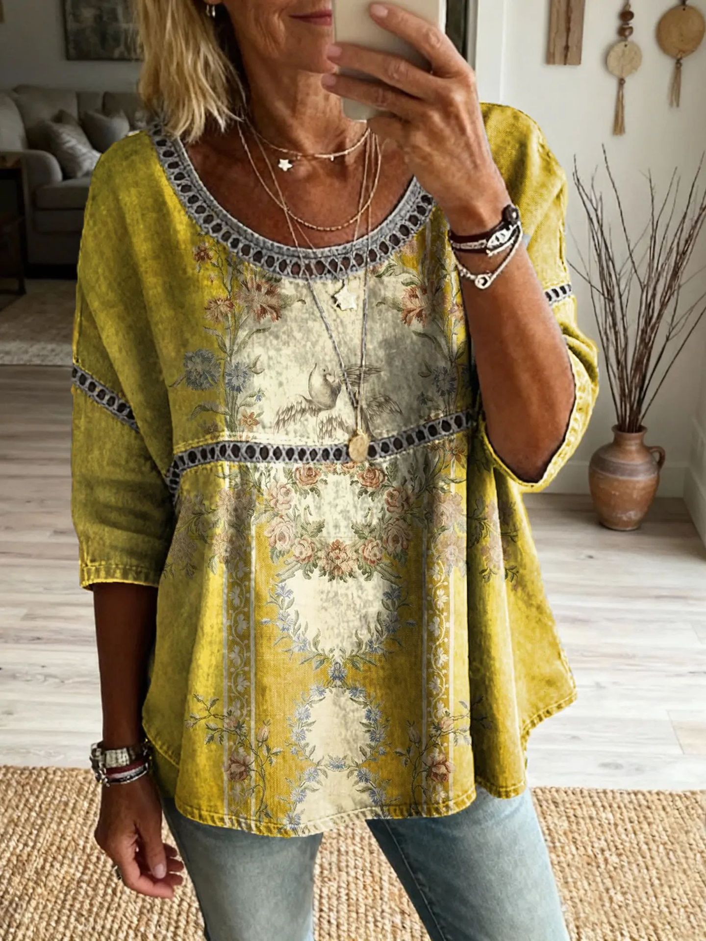 Floral Art Boho Bubble Crepe Round Neck Top