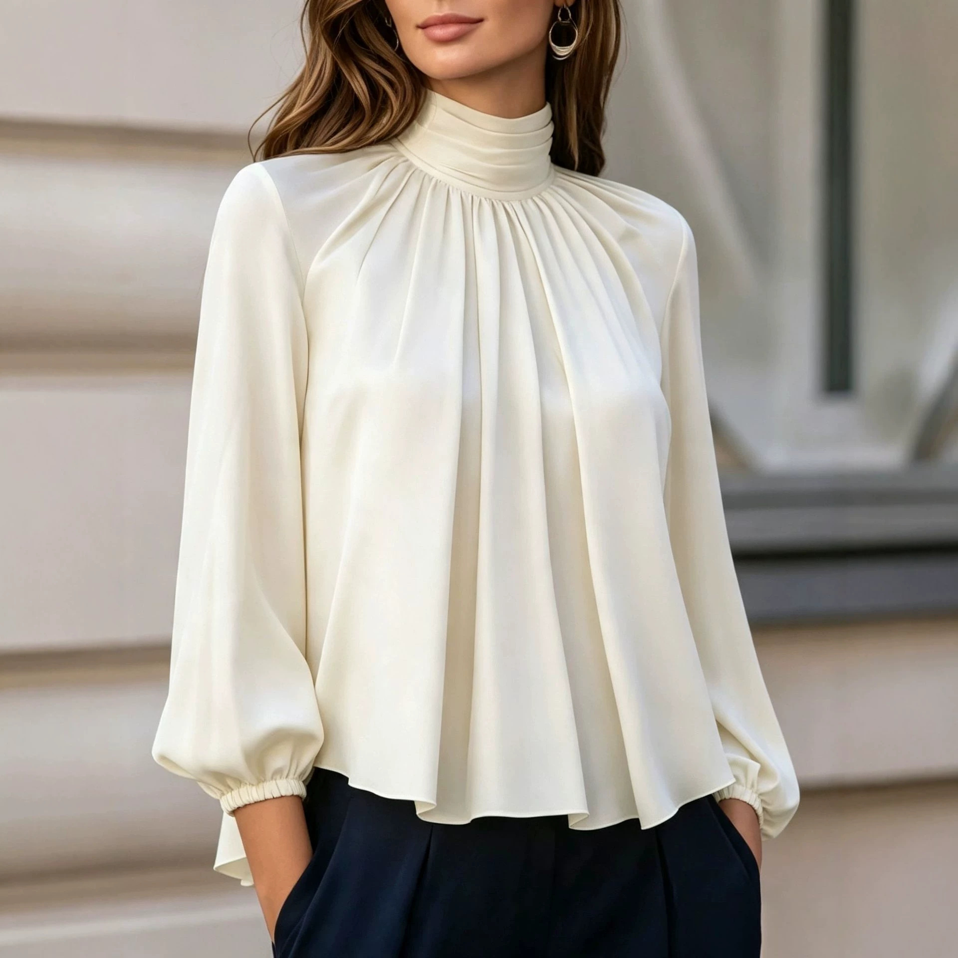 Women's French Style Ruched High Neck Lantern Sleeve Blouse