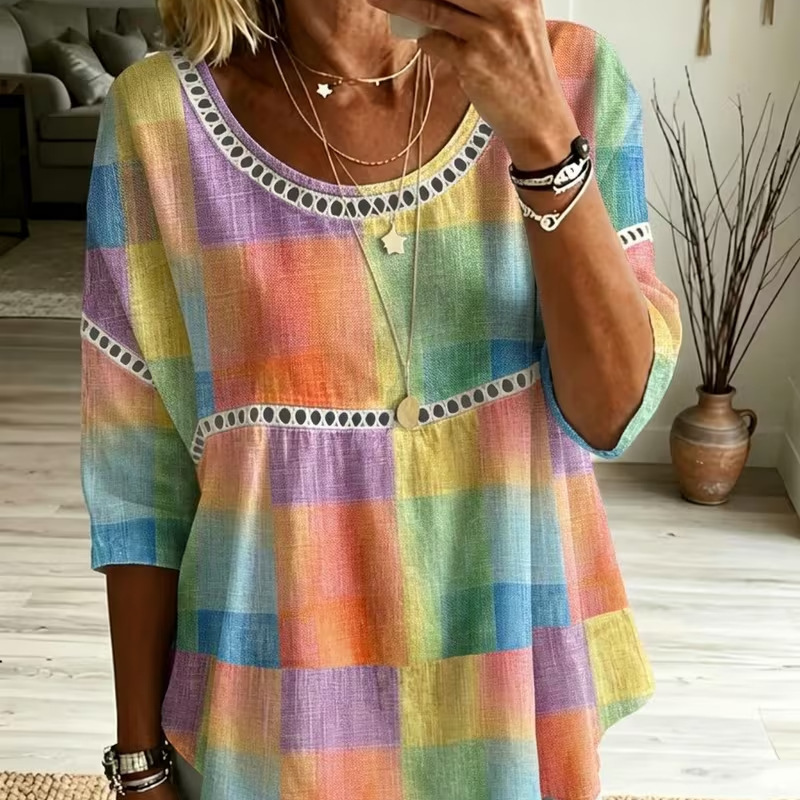 Plaid Floral Star Print Long Sleeve Women's Top